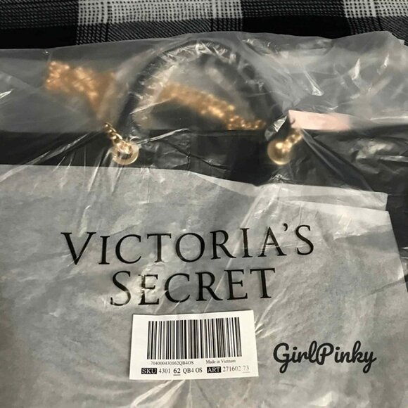 VS FASHION SHOW 2025 BACKSTAGE DOUBLE HANDLE TOTE BLACK/GOLD RHINESTONES LOGO - Picture 7 of 7
